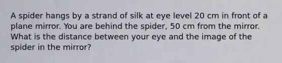 A spider hangs by a strand of silk at eye level 20 cm in front of a plane mirror. You are behind the spider, 50 cm from the mirror. What is the distance between your eye and the image of the spider in the mirror?