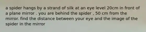 a spider hangs by a strand of silk at an eye level 20cm in front of a plane mirror . you are behind the spider , 50 cm from the mirror. find the distance between your eye and the image of the spider in the mirror