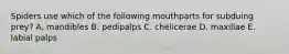 Spiders use which of the following mouthparts for subduing prey? A. mandibles B. pedipalps C. chelicerae D. maxillae E. labial palps