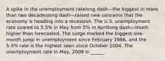 A spike in the unemployment ratelong dash—the biggest in more than two decadeslong dash—raised new concerns that the economy is heading into a recession. The U.S. unemployment rate soared to​ 5.5% in May from​ 5% in Aprillong dash—much higher than forecasted. The surge marked the biggest​ one-month jump in unemployment since February​ 1986, and the​ 5.5% rate is the highest seen since October 2004. The unemployment rate in​ May, 2008 is​ ______.