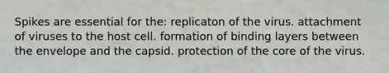 Spikes are essential for the: replicaton of the virus. attachment of viruses to the host cell. formation of binding layers between the envelope and the capsid. protection of the core of the virus.