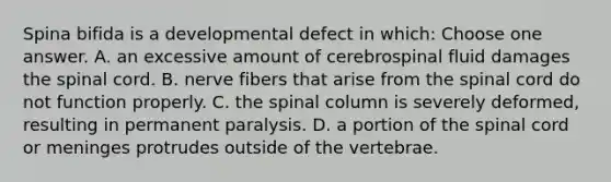 Spina bifida is a developmental defect in which: Choose one answer. A. an excessive amount of cerebrospinal fluid damages the spinal cord. B. nerve fibers that arise from the spinal cord do not function properly. C. the spinal column is severely deformed, resulting in permanent paralysis. D. a portion of the spinal cord or meninges protrudes outside of the vertebrae.