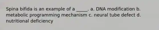 Spina bifida is an example of a _____. a. DNA modification b. metabolic programming mechanism c. neural tube defect d. nutritional deficiency