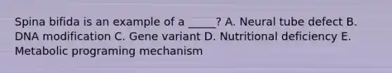 Spina bifida is an example of a _____? A. Neural tube defect B. DNA modification C. Gene variant D. Nutritional deficiency E. Metabolic programing mechanism