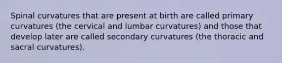 Spinal curvatures that are present at birth are called primary curvatures (the cervical and lumbar curvatures) and those that develop later are called secondary curvatures (the thoracic and sacral curvatures).