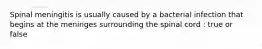Spinal meningitis is usually caused by a bacterial infection that begins at the meninges surrounding the spinal cord : true or false