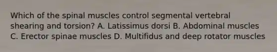 Which of the spinal muscles control segmental vertebral shearing and torsion? A. Latissimus dorsi B. Abdominal muscles C. Erector spinae muscles D. Multifidus and deep rotator muscles