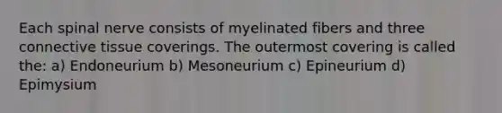 Each spinal nerve consists of myelinated fibers and three connective tissue coverings. The outermost covering is called the: a) Endoneurium b) Mesoneurium c) Epineurium d) Epimysium