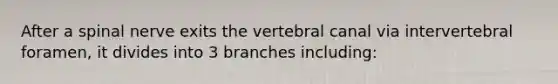 After a spinal nerve exits the vertebral canal via intervertebral foramen, it divides into 3 branches including: