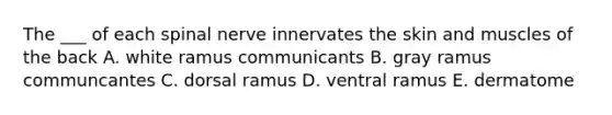 The ___ of each spinal nerve innervates the skin and muscles of the back A. white ramus communicants B. gray ramus communcantes C. dorsal ramus D. ventral ramus E. dermatome