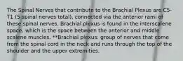 The Spinal Nerves that contribute to the Brachial Plexus are C5-T1 (5 spinal nerves total), connected via the anterior rami of these spinal nerves. Brachial plexus is found in the interscalene space, which is the space between the anterior and middle scalene muscles. **Brachial plexus: group of nerves that come from the spinal cord in the neck and runs through the top of the shoulder and the upper extremities.