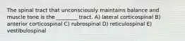 The spinal tract that unconsciously maintains balance and muscle tone is the ________ tract. A) lateral corticospinal B) anterior corticospinal C) rubrospinal D) reticulospinal E) vestibulospinal