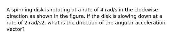 A spinning disk is rotating at a rate of 4 rad/s in the clockwise direction as shown in the figure. If the disk is slowing down at a rate of 2 rad/s2, what is the direction of the angular acceleration vector?