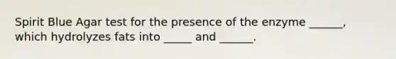 Spirit Blue Agar test for the presence of the enzyme ______, which hydrolyzes fats into _____ and ______.