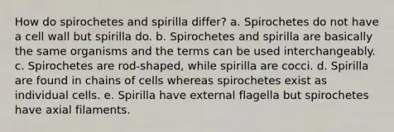 How do spirochetes and spirilla differ? a. Spirochetes do not have a cell wall but spirilla do. b. Spirochetes and spirilla are basically the same organisms and the terms can be used interchangeably. c. Spirochetes are rod-shaped, while spirilla are cocci. d. Spirilla are found in chains of cells whereas spirochetes exist as individual cells. e. Spirilla have external flagella but spirochetes have axial filaments.