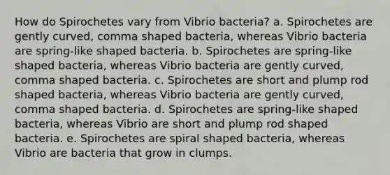 How do Spirochetes vary from Vibrio bacteria? a. Spirochetes are gently curved, comma shaped bacteria, whereas Vibrio bacteria are spring-like shaped bacteria. b. Spirochetes are spring-like shaped bacteria, whereas Vibrio bacteria are gently curved, comma shaped bacteria. c. Spirochetes are short and plump rod shaped bacteria, whereas Vibrio bacteria are gently curved, comma shaped bacteria. d. Spirochetes are spring-like shaped bacteria, whereas Vibrio are short and plump rod shaped bacteria. e. Spirochetes are spiral shaped bacteria, whereas Vibrio are bacteria that grow in clumps.