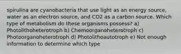 spirulina are cyanobacteria that use light as an energy source, water as an electron source, and CO2 as a carbon source. Which type of metabolism do these organisms possess? a) Photolithoheterotroph b) Chemoorganoheterotroph c) Photoorganoheterotroph d) Photolithoautotroph e) Not enough information to determine which type