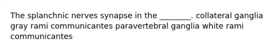 The splanchnic nerves synapse in the ________. collateral ganglia gray rami communicantes paravertebral ganglia white rami communicantes