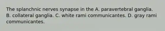 The splanchnic nerves synapse in the A. paravertebral ganglia. B. collateral ganglia. C. white rami communicantes. D. gray rami communicantes.