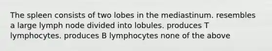 The spleen consists of two lobes in the mediastinum. resembles a large lymph node divided into lobules. produces T lymphocytes. produces B lymphocytes none of the above