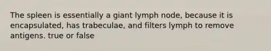 The spleen is essentially a giant lymph node, because it is encapsulated, has trabeculae, and filters lymph to remove antigens. true or false