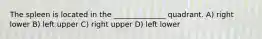 The spleen is located in the ______________ quadrant. A) right lower B) left upper C) right upper D) left lower