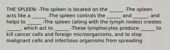 THE SPLEEN: -The spleen is located on the ______ -The spleen acts like a ______ -The spleen controls the ______ and ______, and helps to ______ -The spleen (along with the lymph nodes) creates ______, which act to ______ -These lymphocytes produce ______ to kill cancer cells and foreign microorganisms, and to stop malignant cells and infectious organisms from spreading