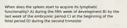 When does the spleen start to acquire its lymphatic functionality? A) during the fifth week of development B) by the last week of the embryonic period C) at the beginning of the fetal period D) during the second trimester