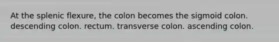 At the splenic flexure, the colon becomes the sigmoid colon. descending colon. rectum. transverse colon. ascending colon.