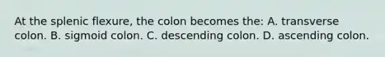 At the splenic flexure, the colon becomes the: A. transverse colon. B. sigmoid colon. C. descending colon. D. ascending colon.