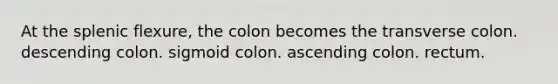 At the splenic flexure, the colon becomes the transverse colon. descending colon. sigmoid colon. ascending colon. rectum.