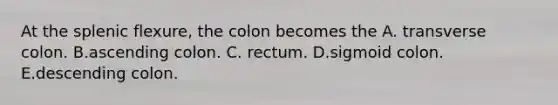 At the splenic flexure, the colon becomes the A. transverse colon. B.ascending colon. C. rectum. D.sigmoid colon. E.descending colon.