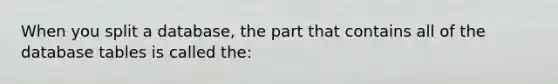 When you split a database, the part that contains all of the database tables is called the: