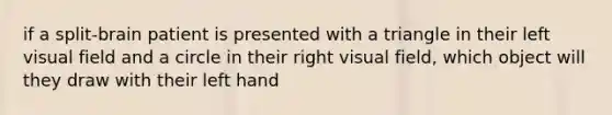 if a split-brain patient is presented with a triangle in their left visual field and a circle in their right visual field, which object will they draw with their left hand