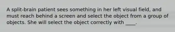 A split-brain patient sees something in her left visual field, and must reach behind a screen and select the object from a group of objects. She will select the object correctly with ____.