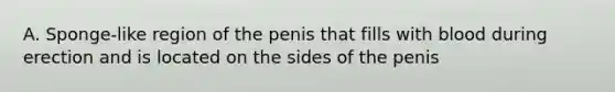 A. Sponge-like region of the penis that fills with blood during erection and is located on the sides of the penis