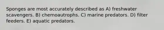 Sponges are most accurately described as A) freshwater scavengers. B) chemoautrophs. C) marine predators. D) filter feeders. E) aquatic predators.