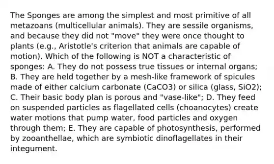 The Sponges are among the simplest and most primitive of all metazoans (multicellular animals). They are sessile organisms, and because they did not "move" they were once thought to plants (e.g., Aristotle's criterion that animals are capable of motion). Which of the following is NOT a characteristic of sponges: A. They do not possess true tissues or internal organs; B. They are held together by a mesh-like framework of spicules made of either calcium carbonate (CaCO3) or silica (glass, SiO2); C. Their basic body plan is porous and "vase-like"; D. They feed on suspended particles as flagellated cells (choanocytes) create water motions that pump water, food particles and oxygen through them; E. They are capable of photosynthesis, performed by zooanthellae, which are symbiotic dinoflagellates in their integument.