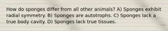 How do sponges differ from all other animals? A) Sponges exhibit radial symmetry. B) Sponges are autotrophs. C) Sponges lack a true body cavity. D) Sponges lack true tissues.