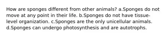 How are sponges different from other animals? a.Sponges do not move at any point in their life. b.Sponges do not have tissue-level organization. c.Sponges are the only unicellular animals. d.Sponges can undergo photosynthesis and are autotrophs.