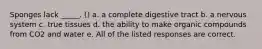 Sponges lack _____. () a. a complete digestive tract b. a nervous system c. true tissues d. the ability to make organic compounds from CO2 and water e. All of the listed responses are correct.