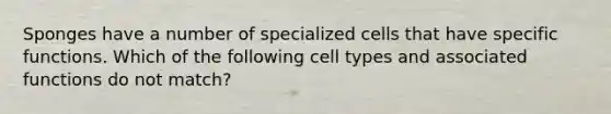 Sponges have a number of specialized cells that have specific functions. Which of the following cell types and associated functions do not match?