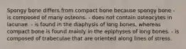 Spongy bone differs from compact bone because spongy bone - is composed of many osteons. - does not contain osteocytes in lacunae. - is found in the diaphysis of long bones, whereas compact bone is found mainly in the epiphyses of long bones. - is composed of trabeculae that are oriented along lines of stress.