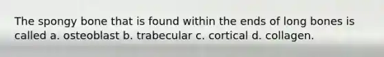 The spongy bone that is found within the ends of long bones is called a. osteoblast b. trabecular c. cortical d. collagen.