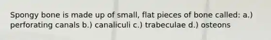 Spongy bone is made up of small, flat pieces of bone called: a.) perforating canals b.) canaliculi c.) trabeculae d.) osteons