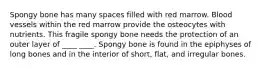 Spongy bone has many spaces filled with red marrow. Blood vessels within the red marrow provide the osteocytes with nutrients. This fragile spongy bone needs the protection of an outer layer of ____ ____. Spongy bone is found in the epiphyses of long bones and in the interior of short, flat, and irregular bones.