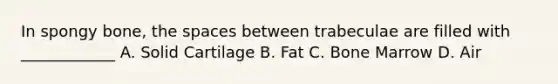 In spongy bone, the spaces between trabeculae are filled with ____________ A. Solid Cartilage B. Fat C. Bone Marrow D. Air