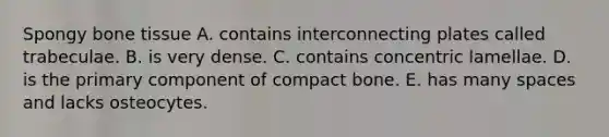 Spongy bone tissue A. contains interconnecting plates called trabeculae. B. is very dense. C. contains concentric lamellae. D. is the primary component of compact bone. E. has many spaces and lacks osteocytes.