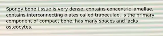 Spongy bone tissue is very dense. contains concentric lamellae. contains interconnecting plates called trabeculae. is the primary component of compact bone. has many spaces and lacks osteocytes.