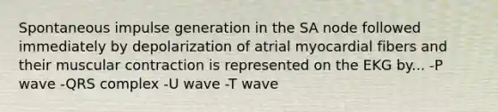 Spontaneous impulse generation in the SA node followed immediately by depolarization of atrial myocardial fibers and their muscular contraction is represented on the EKG by... -P wave -QRS complex -U wave -T wave